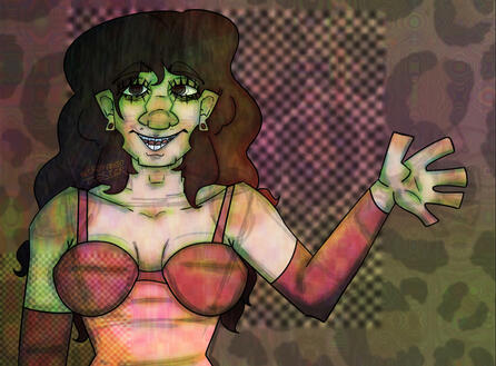 3. Detail shaded half-body, blurred JPEG collage background + overlays