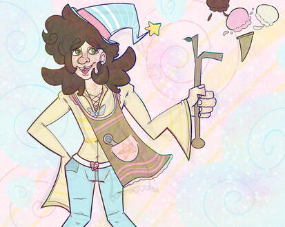 2. Flat-colored half-body, drawn pattern background